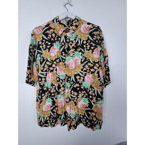 Reyn Spooner Men Hawaiian Button-Up Shirt XL Pineapple Floral Black Short Sleeve